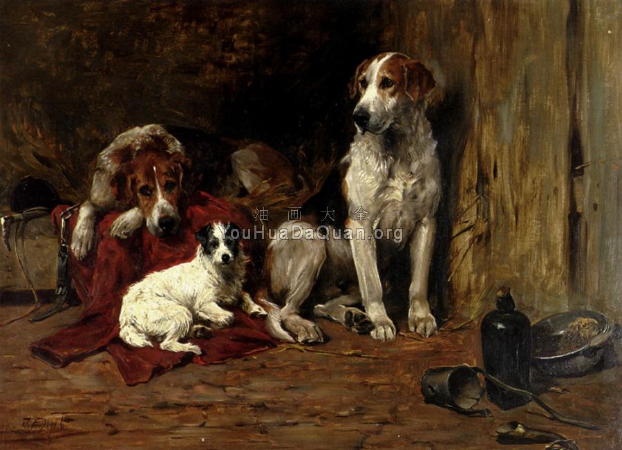 Hounds And A Jack Russell In A Stable - 约翰·伊姆斯